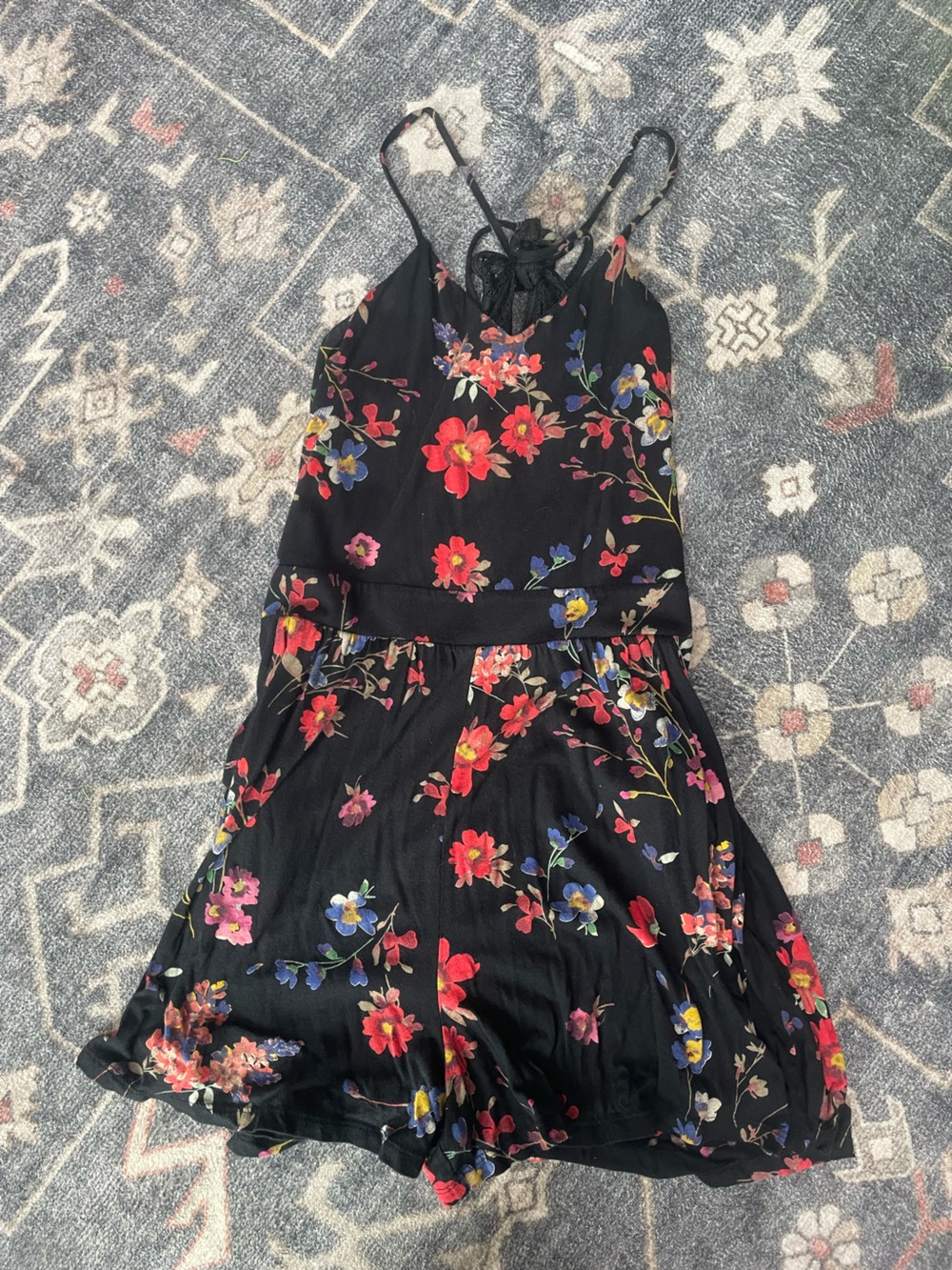 Black Floral V-Neck Romper With Waist Tie